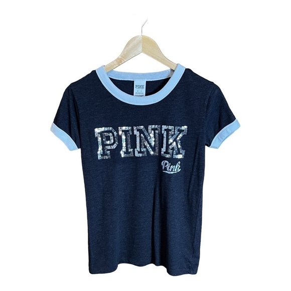 𝅺pink brand Juniors Logo Sequin Gray top, size X-Small - Picture 1 of 3